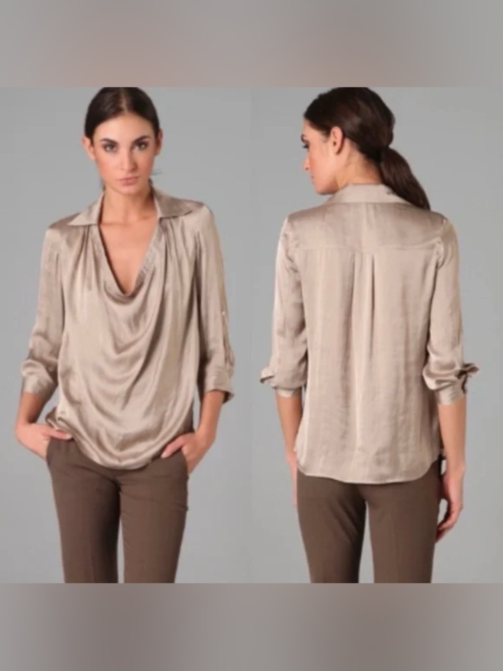 VINCE Cowl neck drape front silky blouse in “pale nut” tan/khaki size 10